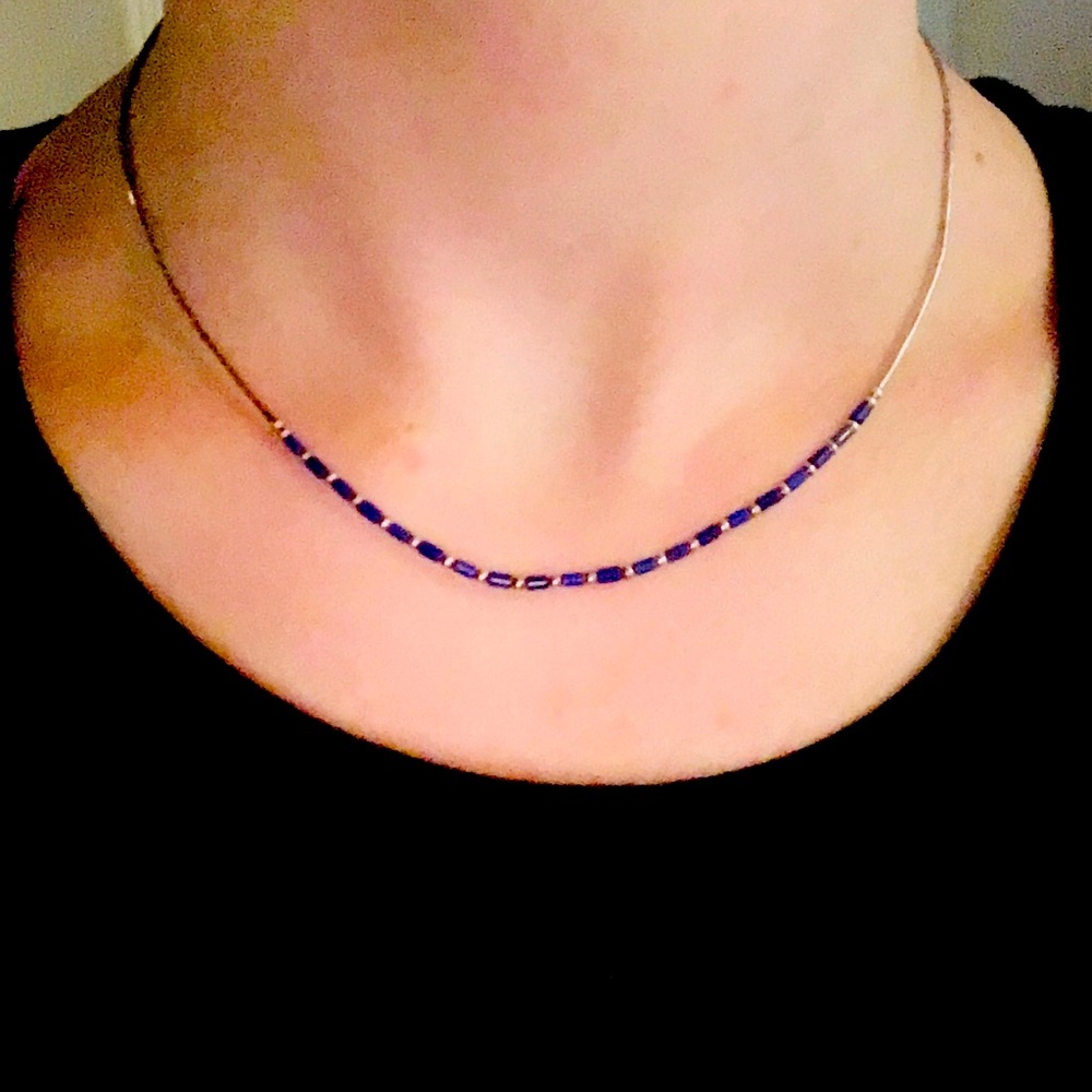 Dainty vintage Choker necklace silver blue beads boho hippie